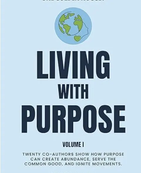 Cover of new book called Living with Purpose. Illustration of the world with text