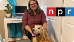 Woman sitting down with a dog. npr.