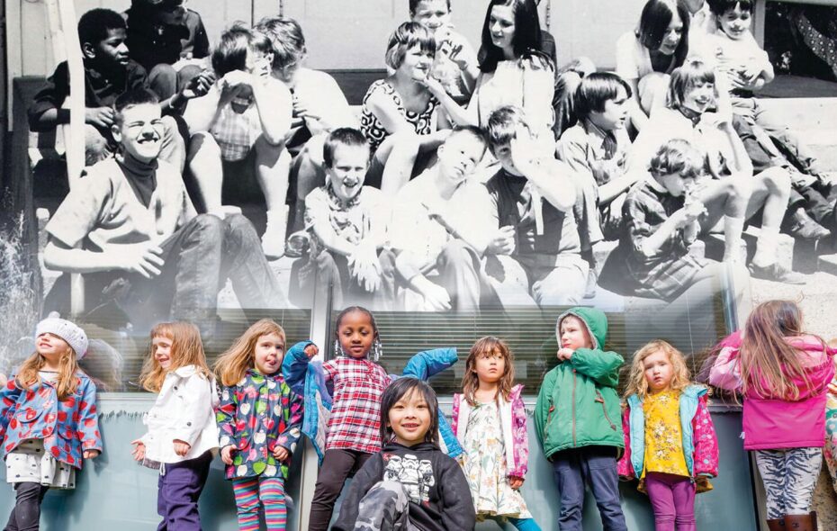 Two photos separated horizontally. Top photo: kids in black and white. Botton photo: kids in color.