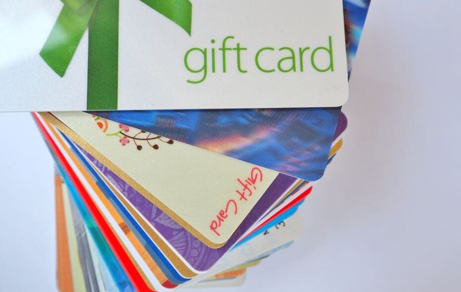 Stack of colorful gift cards.